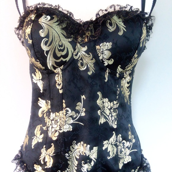 Black‎ & Gold Floral Lace Trim Corset Top Steampunk Gothic Lolita Victorian - Picture 1 of 15